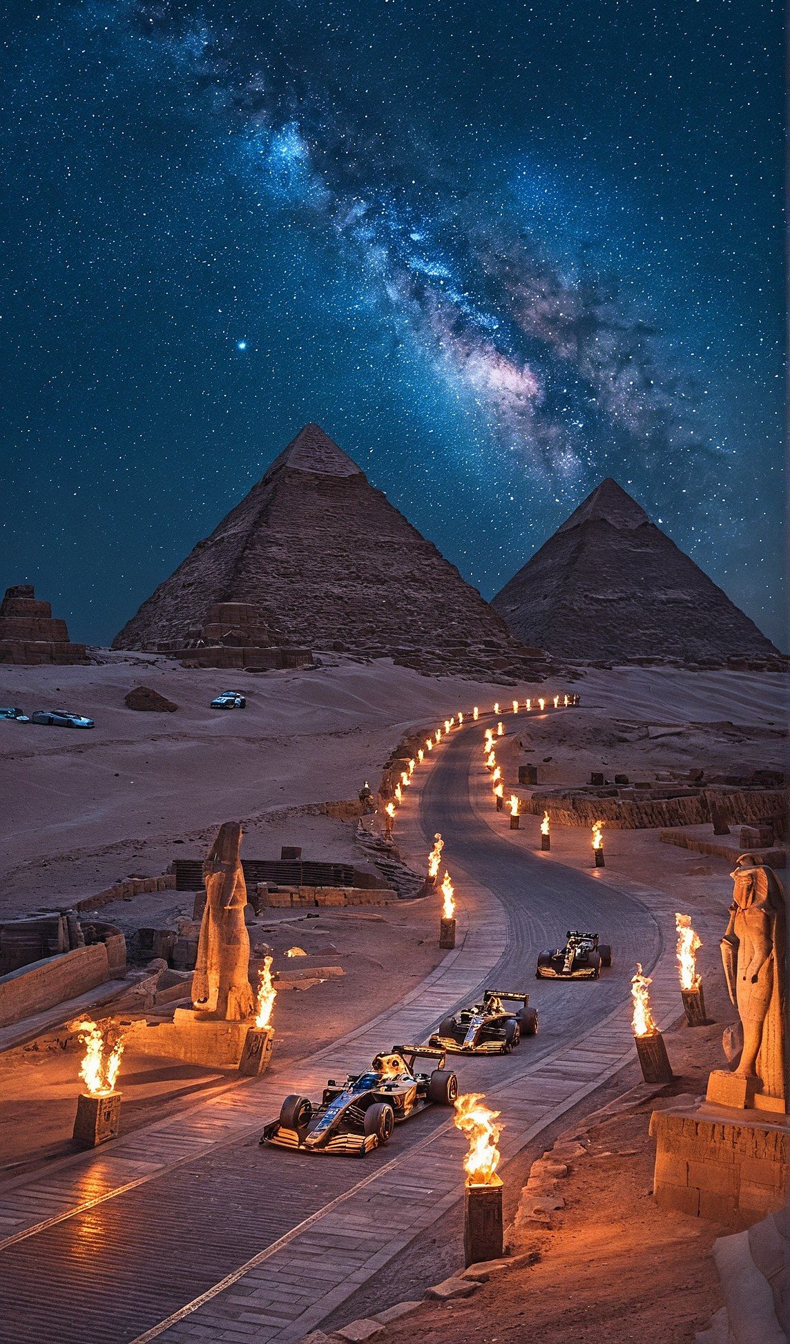 F1 in Egypt — pyramids at night