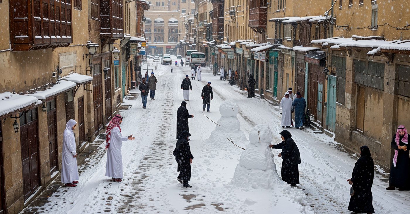 A snowy day in Saudi — old town street