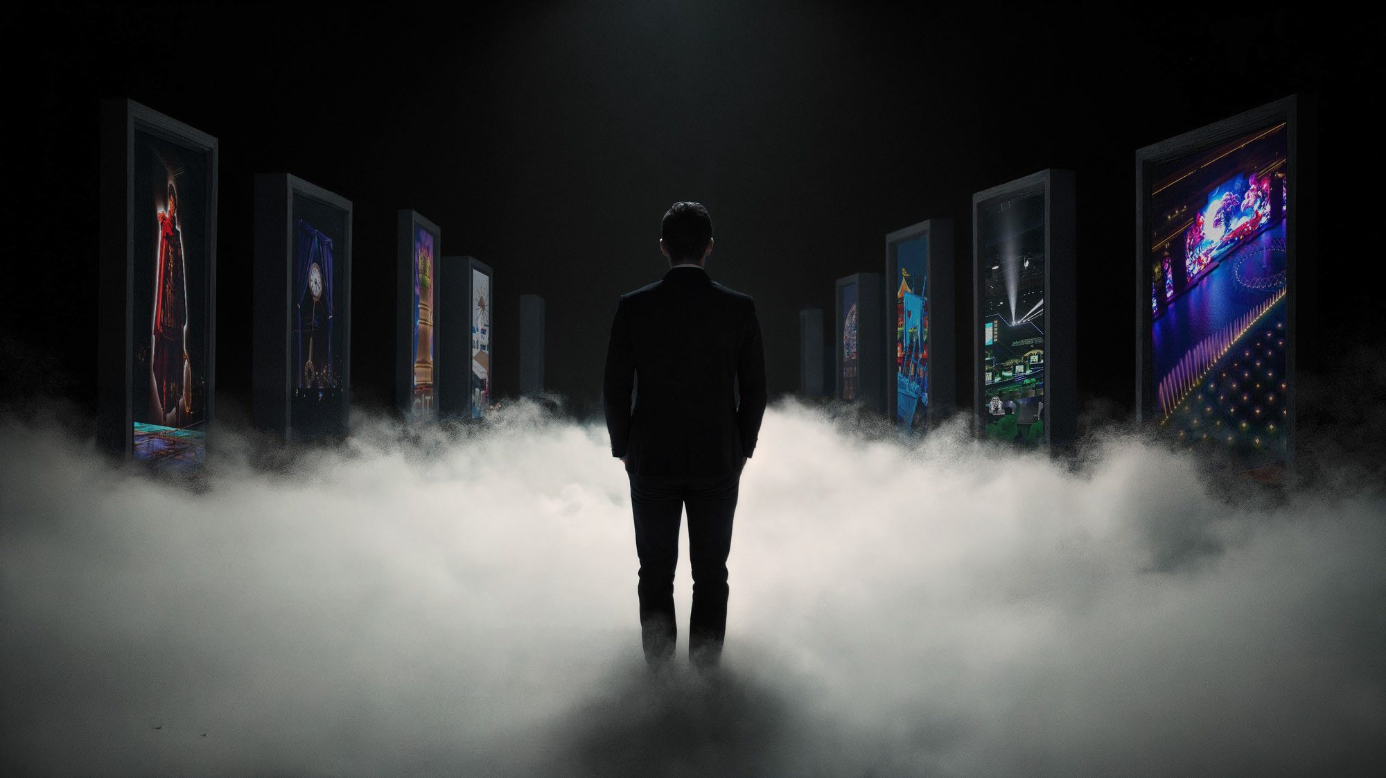 Silhouette walking through a foggy gallery of framed projects
